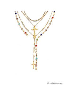 Women's Cross Pendant Necklace Set 4 Pack Layered Chain Crystal Imitation Pearl